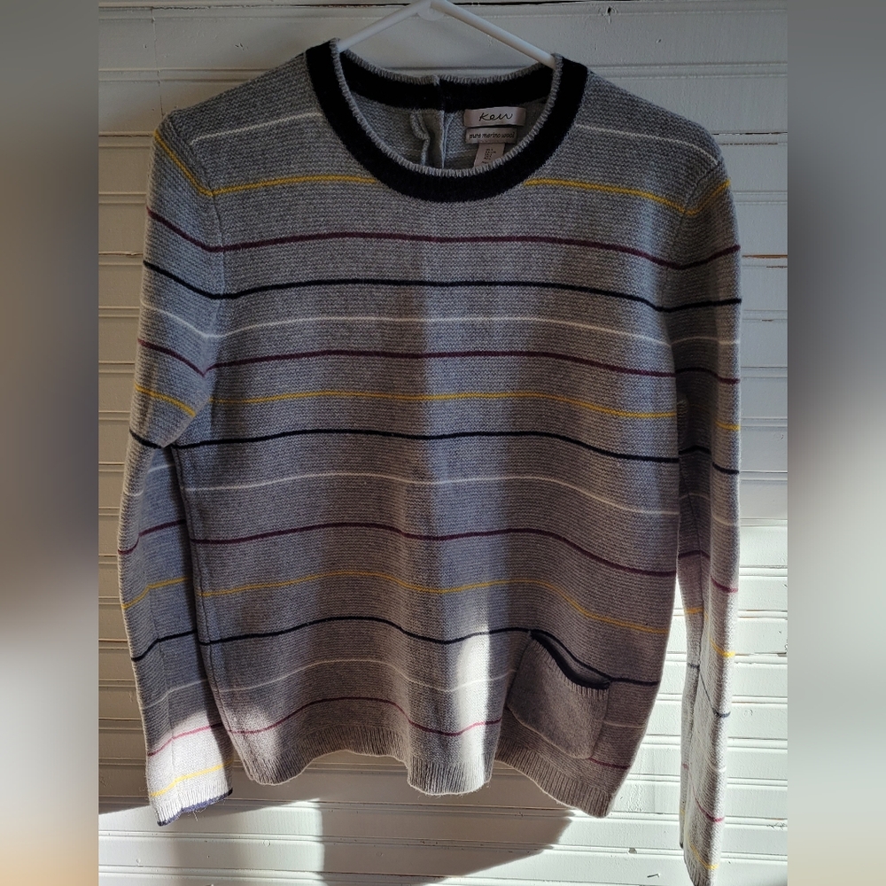 Kew - Extrafine Merino Wool Gray Striped Sweater -  Large